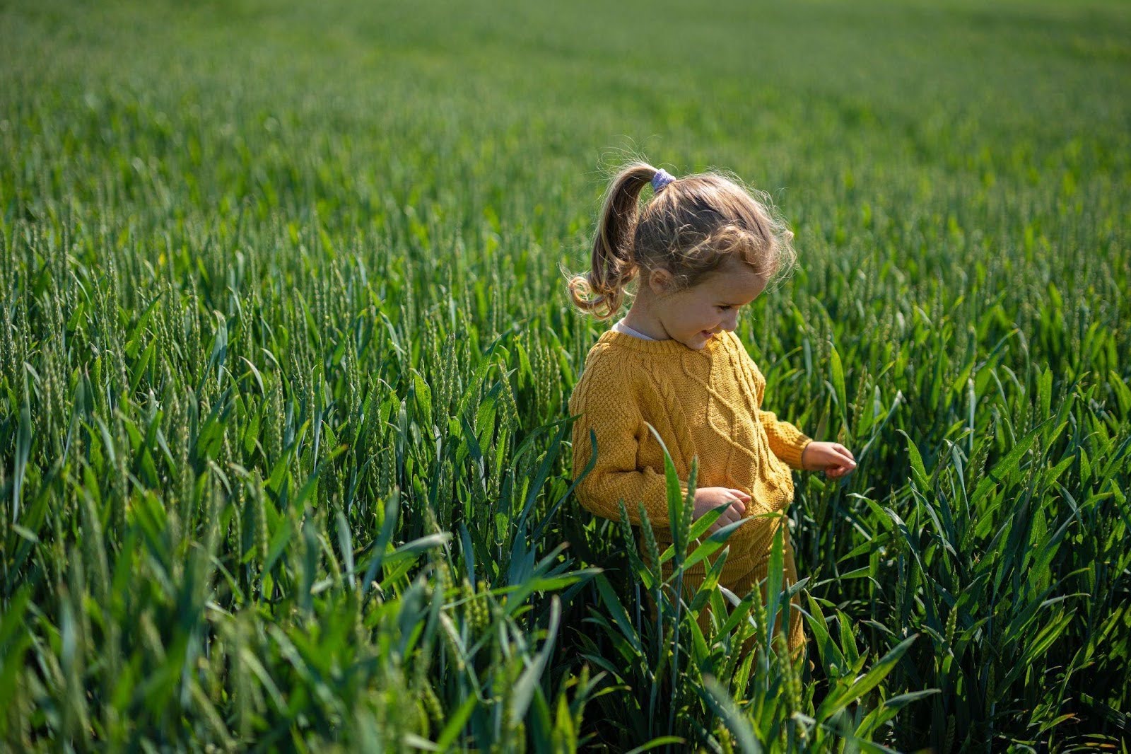 Niña caminando en un campo verde